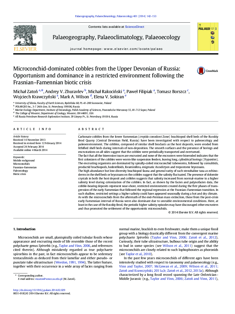 Microconchid-dominated cobbles from the Upper Devonian of Russia: Opportunism and dominance in a restricted environment following the Frasnian–Famennian biotic crisis