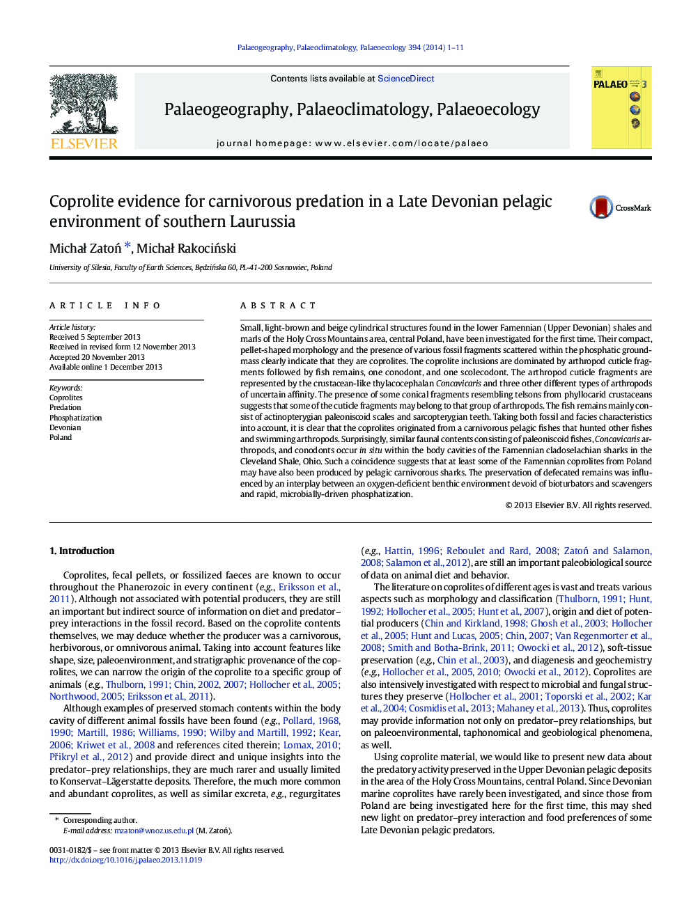 Coprolite evidence for carnivorous predation in a Late Devonian pelagic environment of southern Laurussia