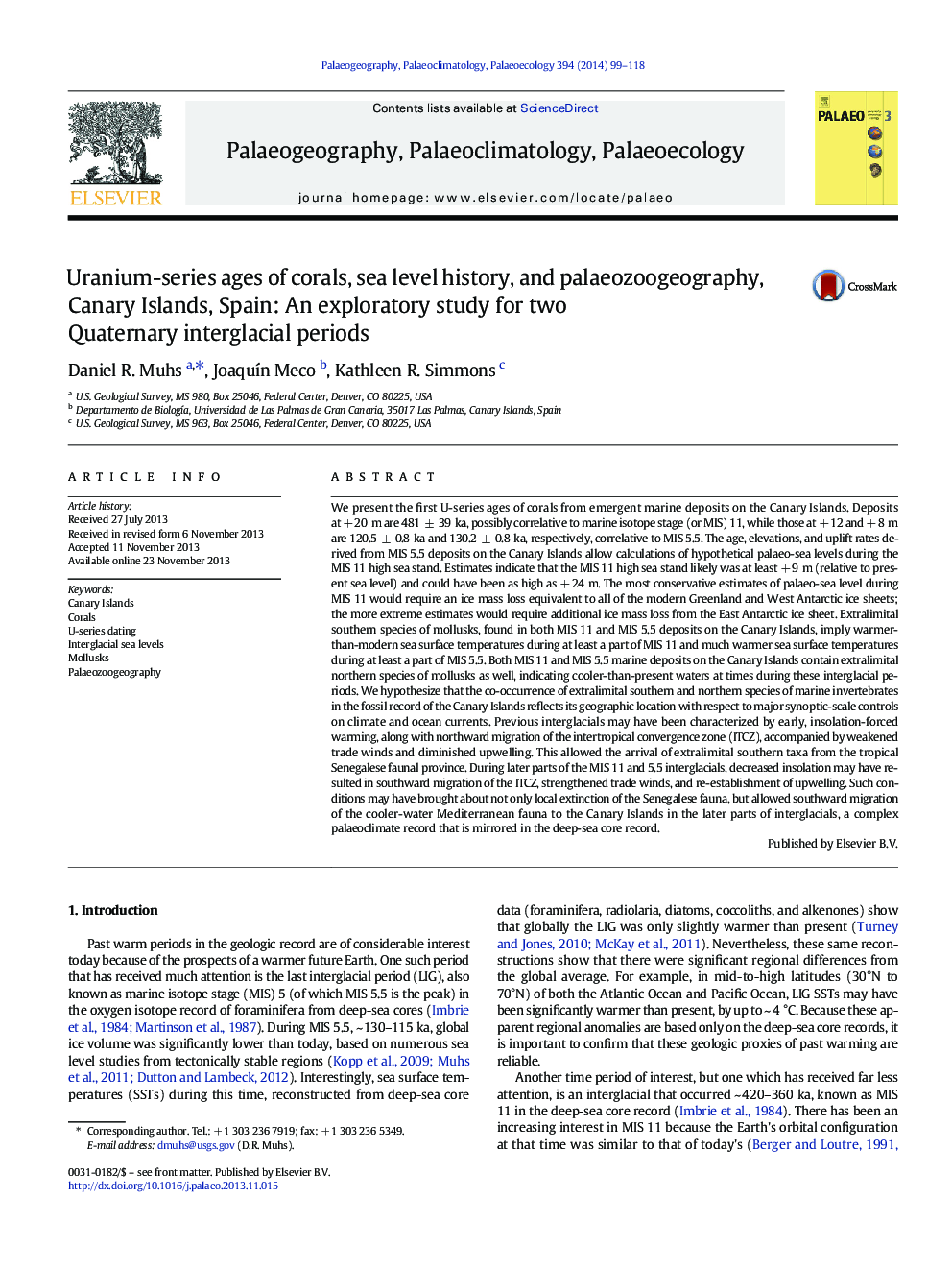 Uranium-series ages of corals, sea level history, and palaeozoogeography, Canary Islands, Spain: An exploratory study for two Quaternary interglacial periods