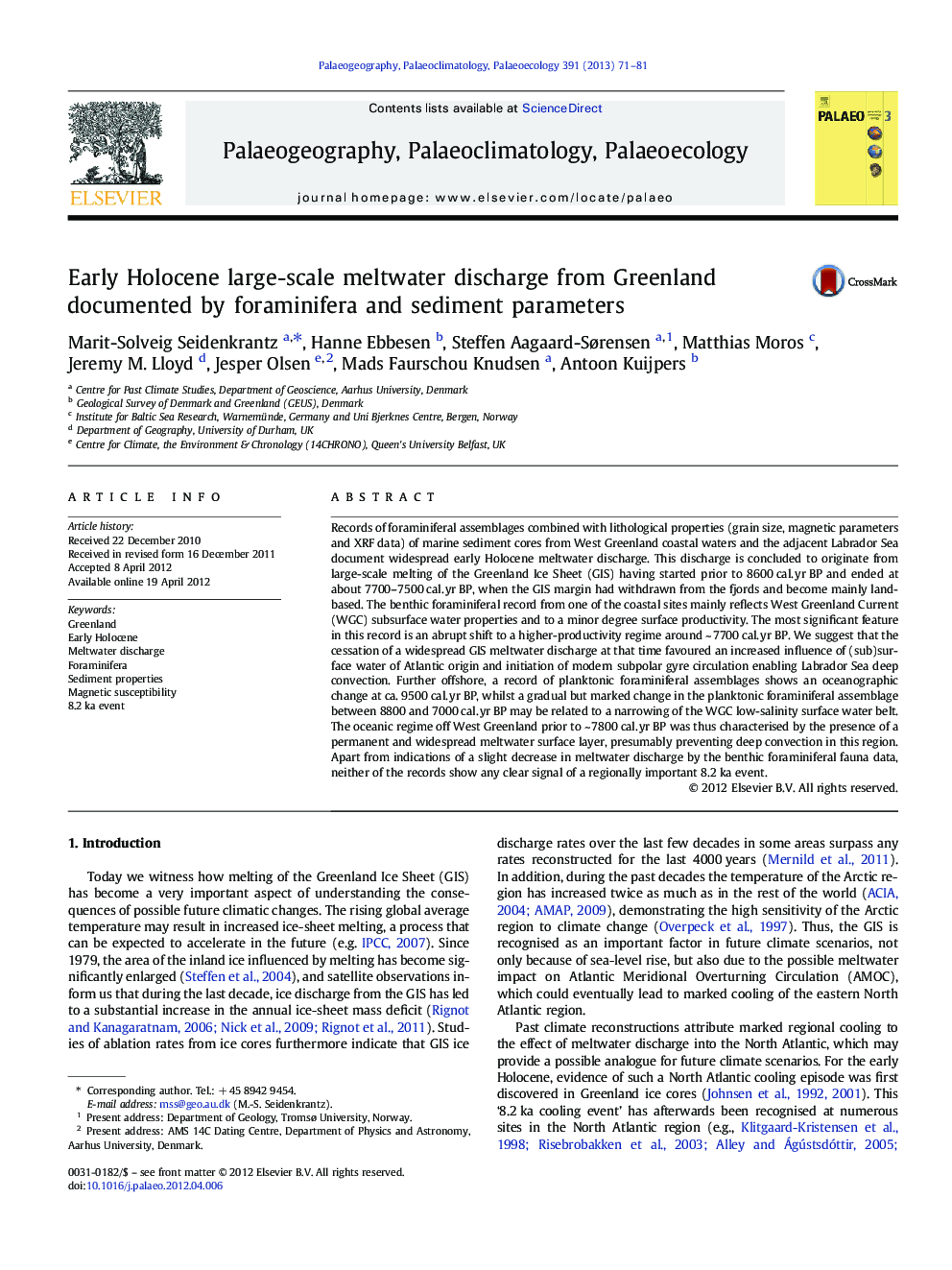 Early Holocene large-scale meltwater discharge from Greenland documented by foraminifera and sediment parameters