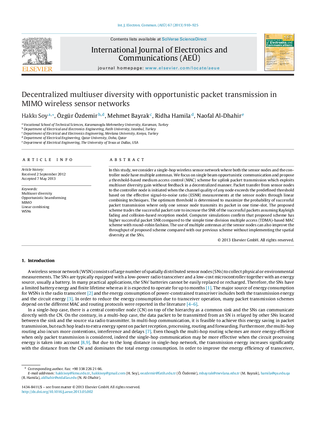 Decentralized multiuser diversity with opportunistic packet transmission in MIMO wireless sensor networks