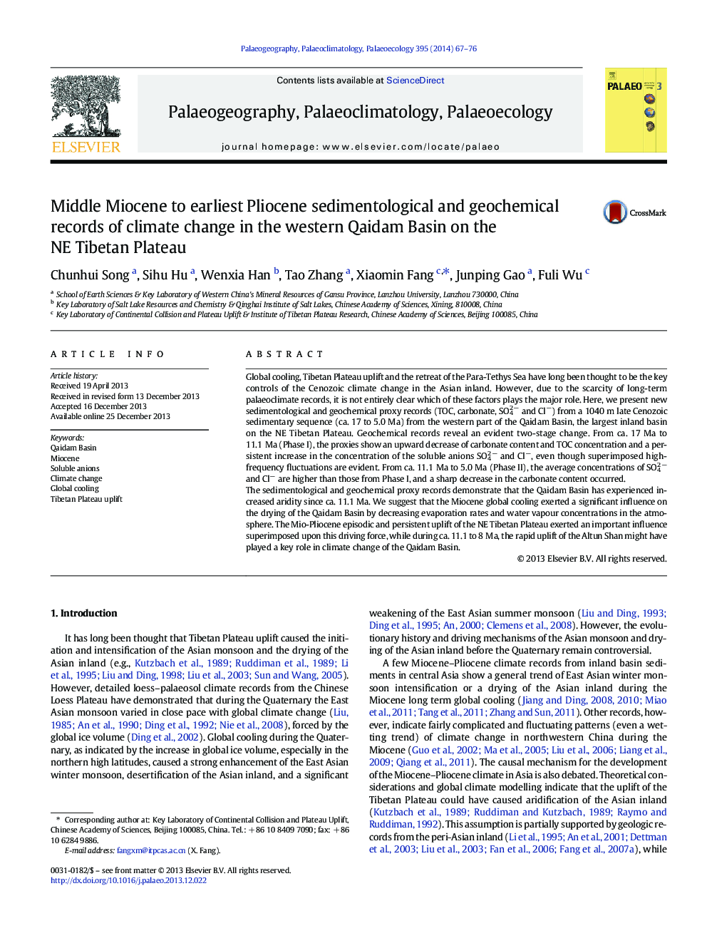 Middle Miocene to earliest Pliocene sedimentological and geochemical records of climate change in the western Qaidam Basin on the NE Tibetan Plateau