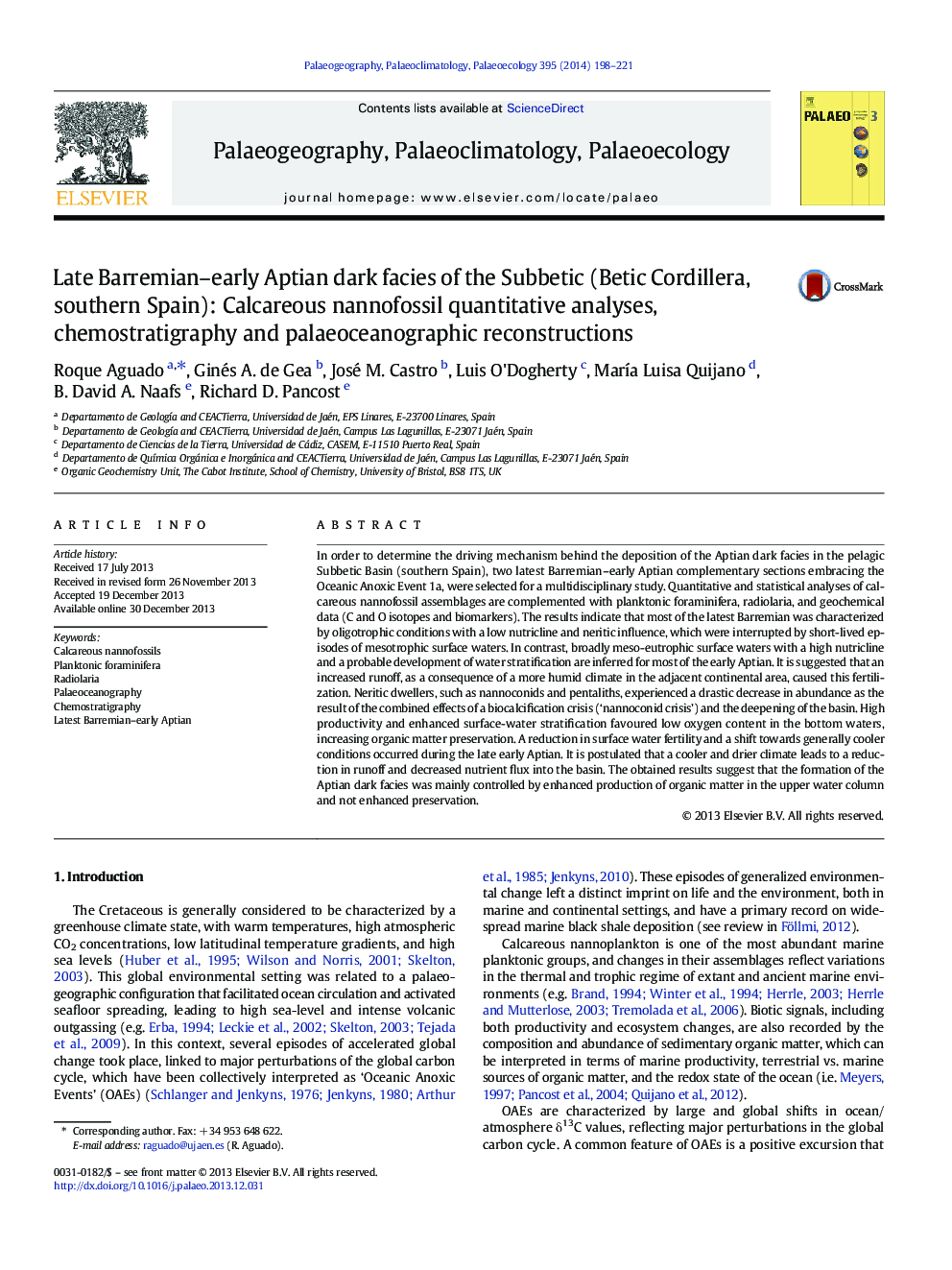 Late Barremian–early Aptian dark facies of the Subbetic (Betic Cordillera, southern Spain): Calcareous nannofossil quantitative analyses, chemostratigraphy and palaeoceanographic reconstructions