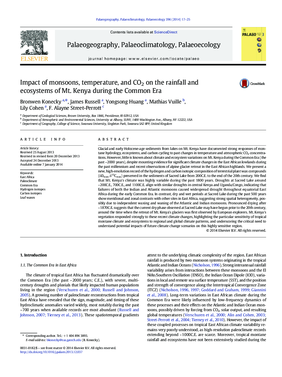 Impact of monsoons, temperature, and CO2 on the rainfall and ecosystems of Mt. Kenya during the Common Era