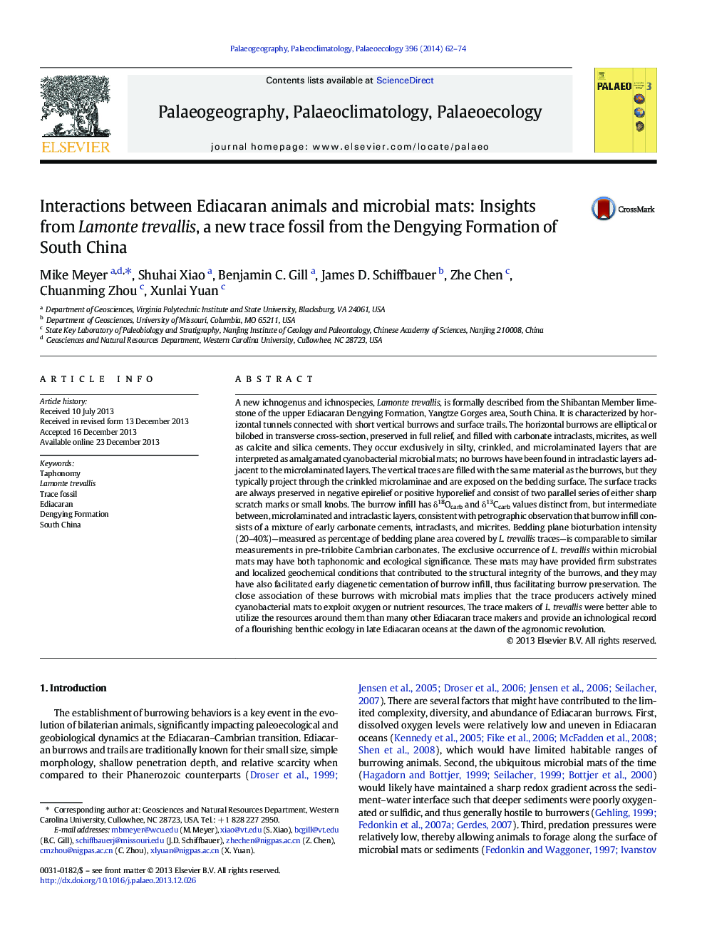 Interactions between Ediacaran animals and microbial mats: Insights from Lamonte trevallis, a new trace fossil from the Dengying Formation of South China