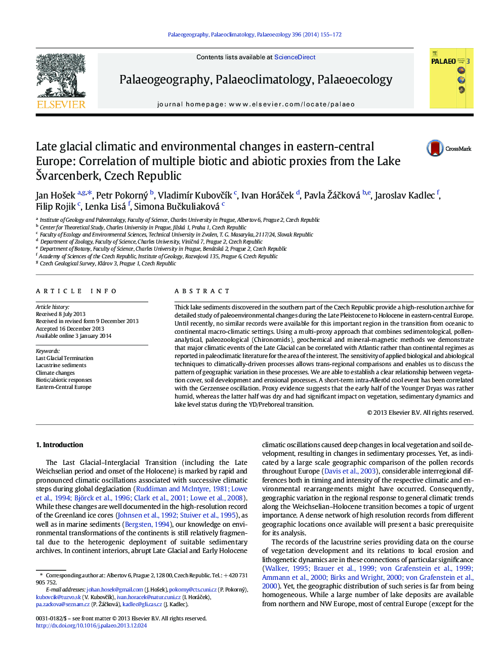 Late glacial climatic and environmental changes in eastern-central Europe: Correlation of multiple biotic and abiotic proxies from the Lake Švarcenberk, Czech Republic