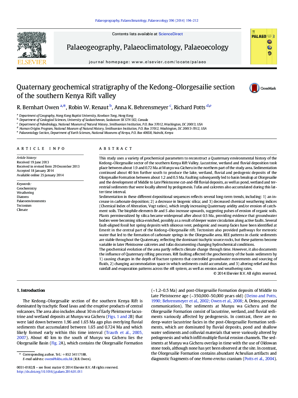 Quaternary geochemical stratigraphy of the Kedong–Olorgesailie section of the southern Kenya Rift valley