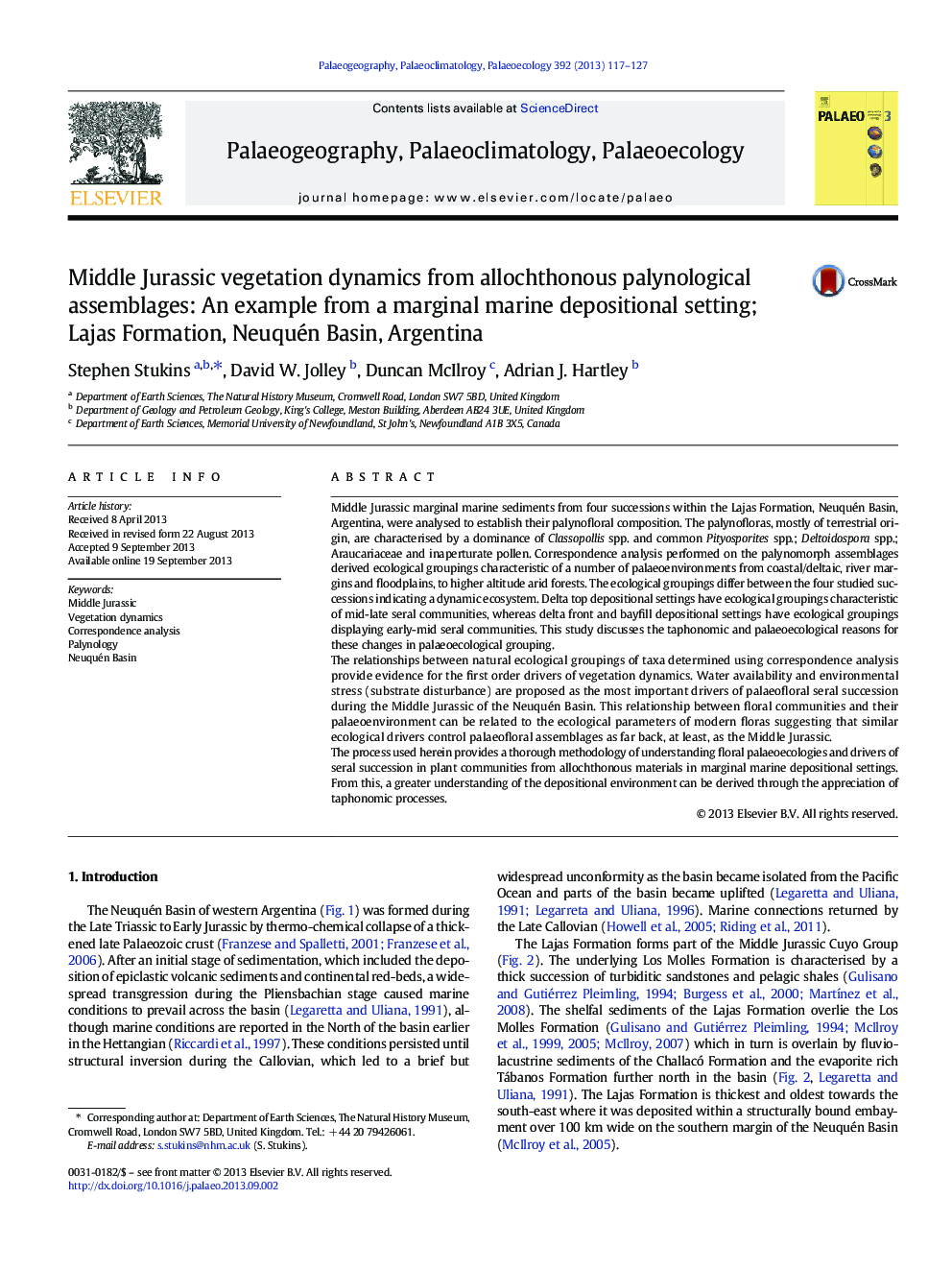 Middle Jurassic vegetation dynamics from allochthonous palynological assemblages: An example from a marginal marine depositional setting; Lajas Formation, Neuquén Basin, Argentina