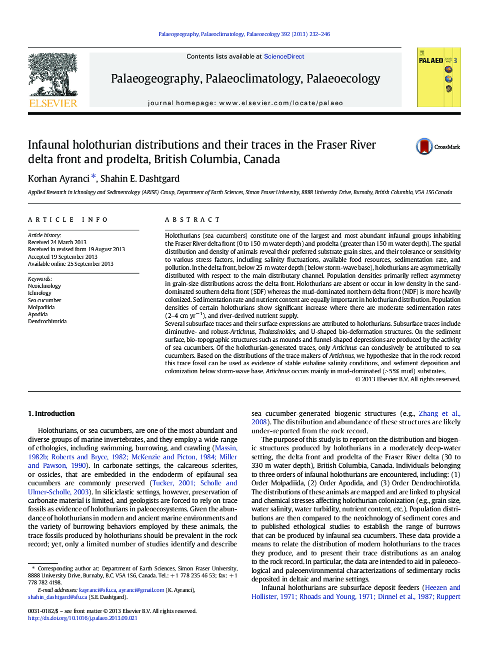 Infaunal holothurian distributions and their traces in the Fraser River delta front and prodelta, British Columbia, Canada