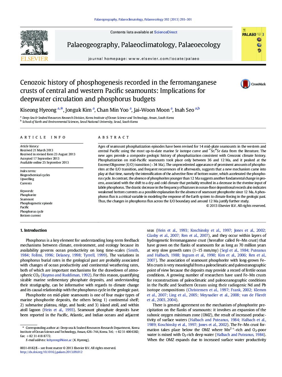 Cenozoic history of phosphogenesis recorded in the ferromanganese crusts of central and western Pacific seamounts: Implications for deepwater circulation and phosphorus budgets