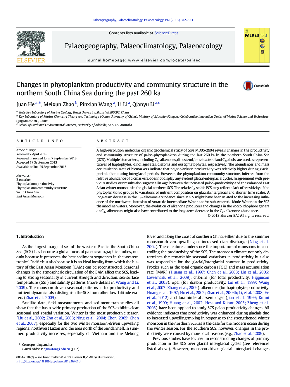 Changes in phytoplankton productivity and community structure in the northern South China Sea during the past 260 ka