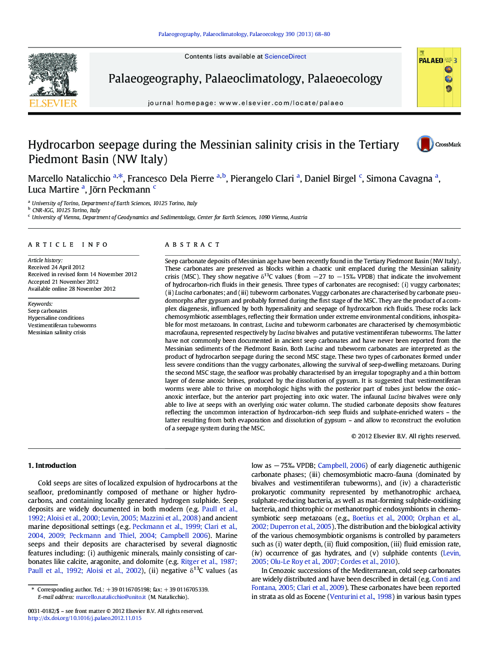 Hydrocarbon seepage during the Messinian salinity crisis in the Tertiary Piedmont Basin (NW Italy)