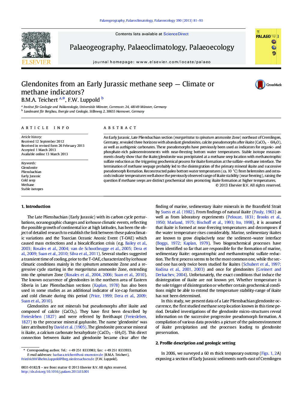 Glendonites from an Early Jurassic methane seep — Climate or methane indicators?