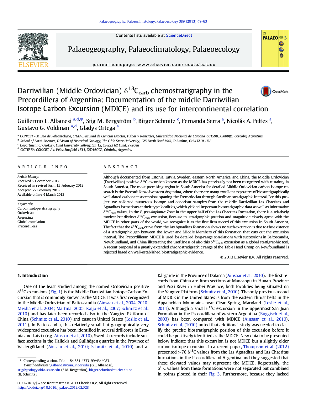 Darriwilian (Middle Ordovician) Î´13Ccarb chemostratigraphy in the Precordillera of Argentina: Documentation of the middle Darriwilian Isotope Carbon Excursion (MDICE) and its use for intercontinental correlation