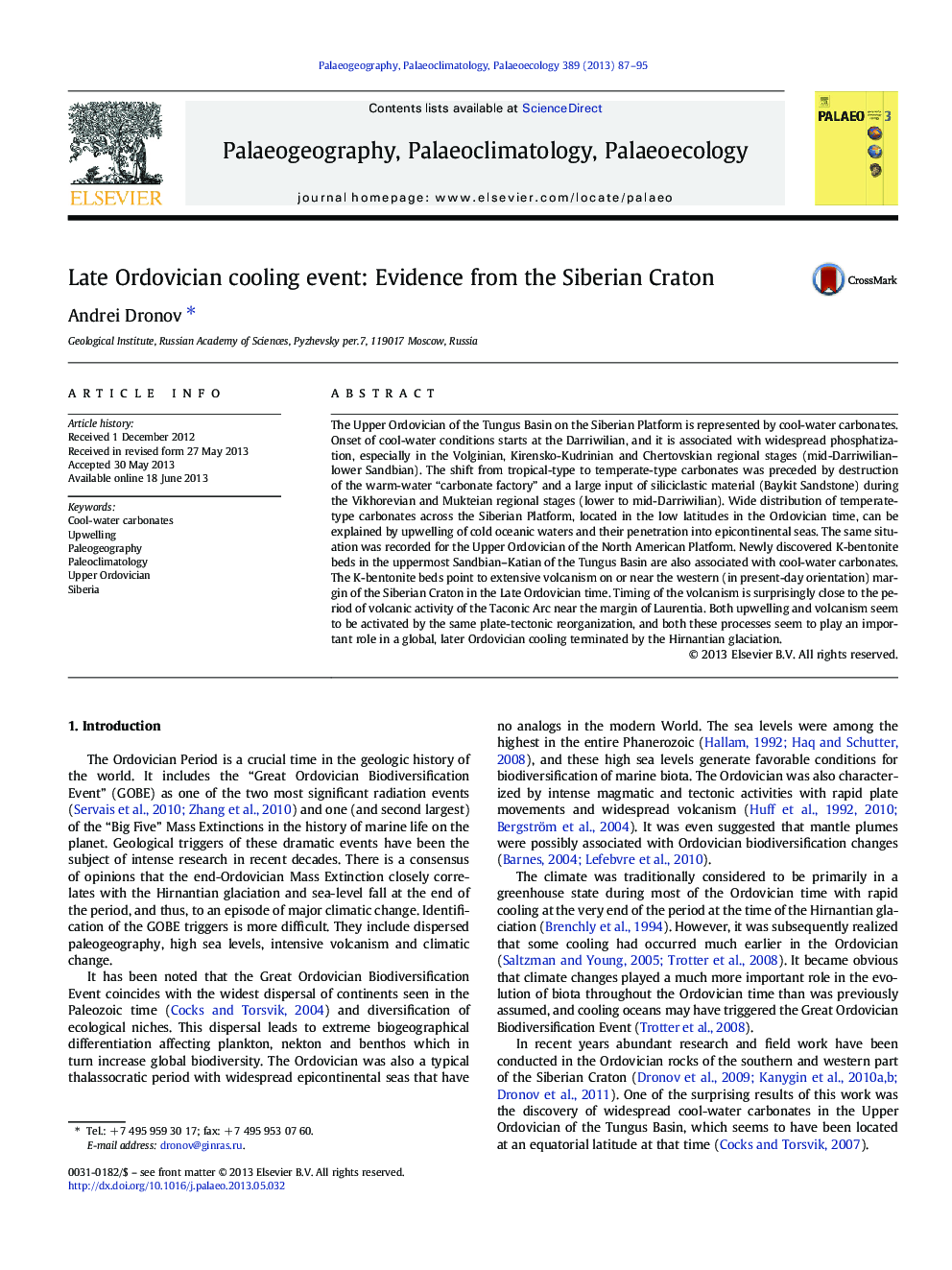 Late Ordovician cooling event: Evidence from the Siberian Craton