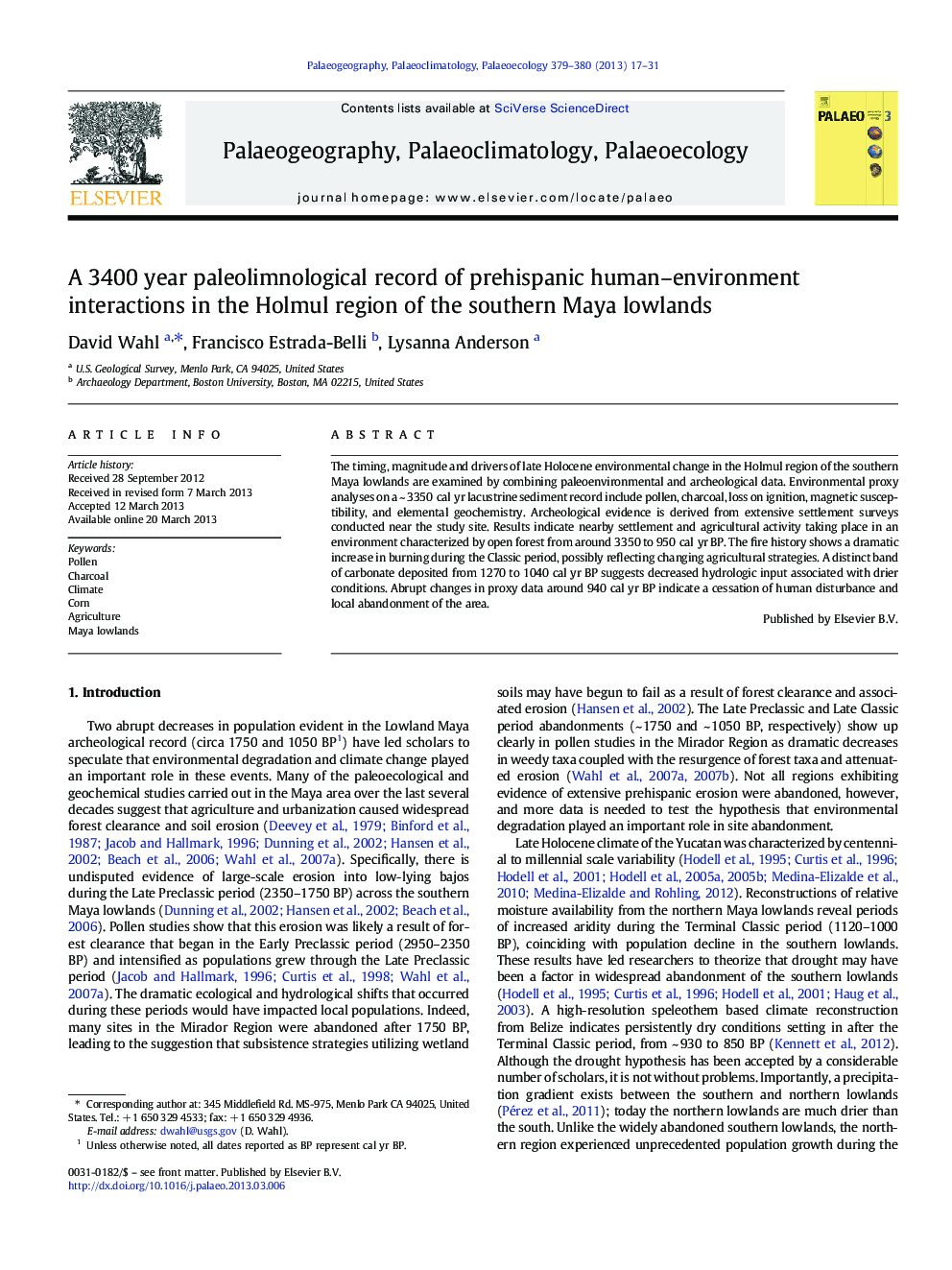 A 3400 year paleolimnological record of prehispanic human-environment interactions in the Holmul region of the southern Maya lowlands