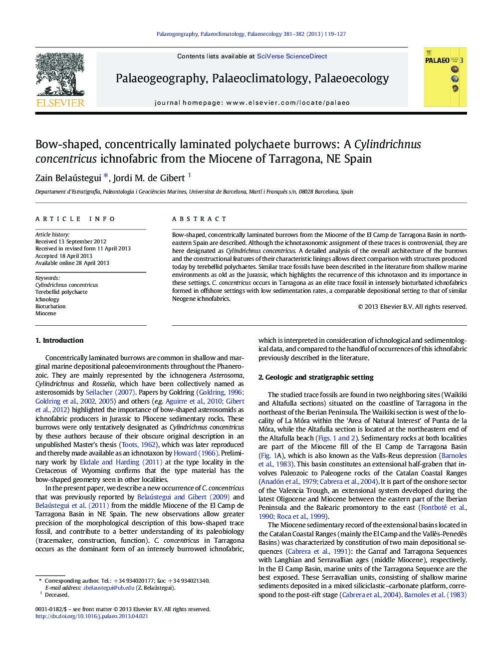 Bow-shaped, concentrically laminated polychaete burrows: A Cylindrichnus concentricus ichnofabric from the Miocene of Tarragona, NE Spain