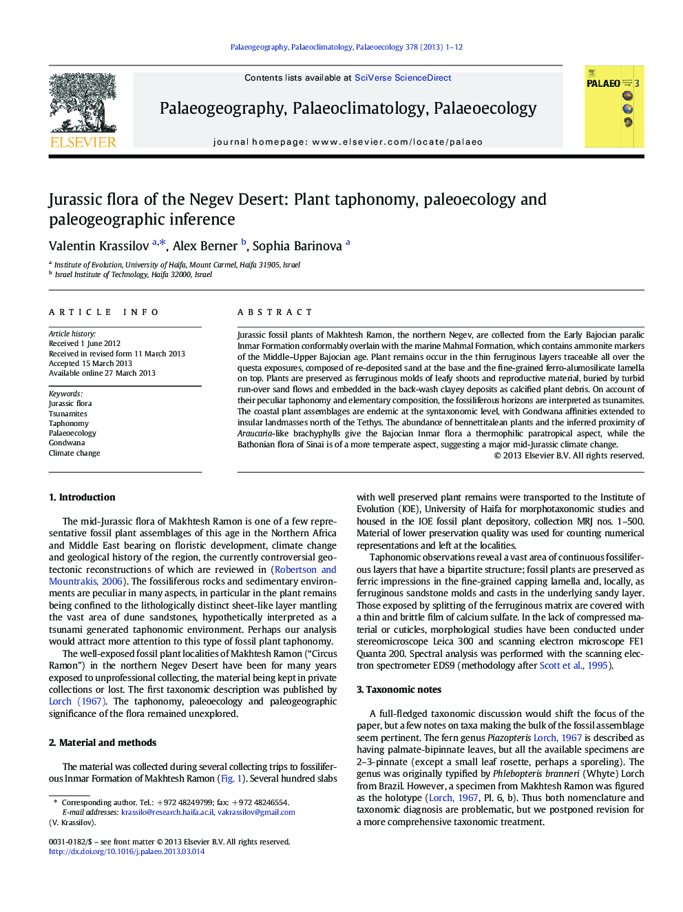 Jurassic flora of the Negev Desert: Plant taphonomy, paleoecology and paleogeographic inference