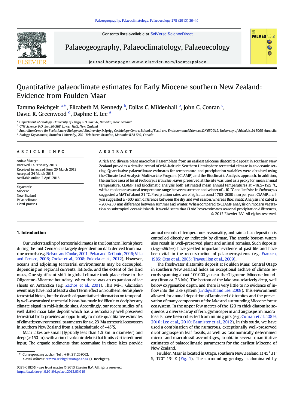 Quantitative palaeoclimate estimates for Early Miocene southern New Zealand: Evidence from Foulden Maar