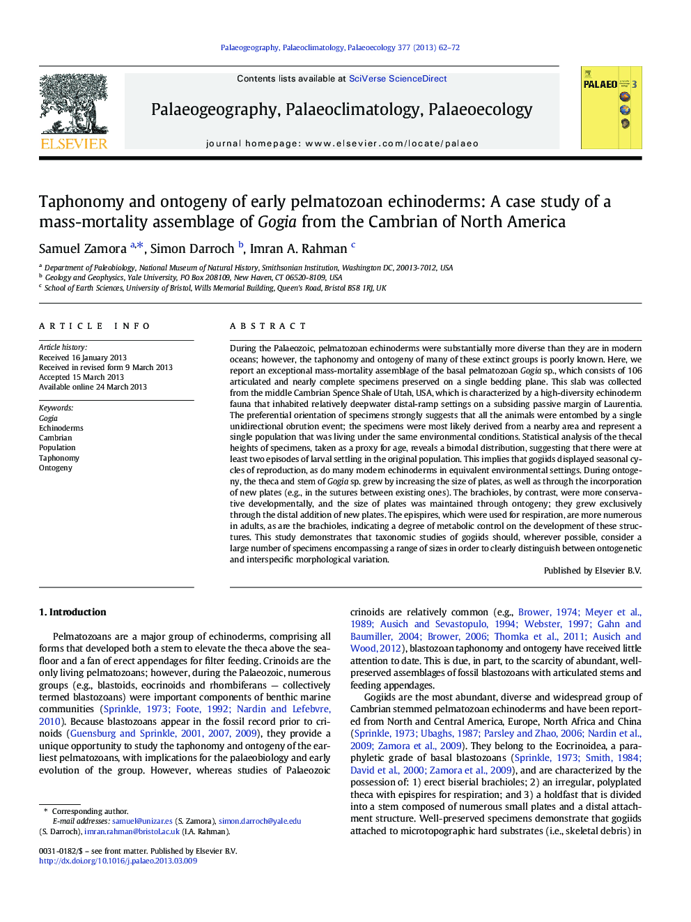 Taphonomy and ontogeny of early pelmatozoan echinoderms: A case study of a mass-mortality assemblage of Gogia from the Cambrian of North America