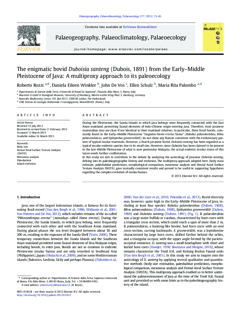 The enigmatic bovid Duboisia santeng (Dubois, 1891) from the Early–Middle Pleistocene of Java: A multiproxy approach to its paleoecology