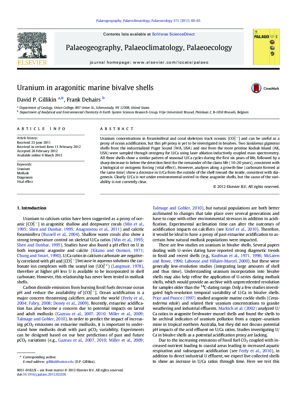 Uranium in aragonitic marine bivalve shells