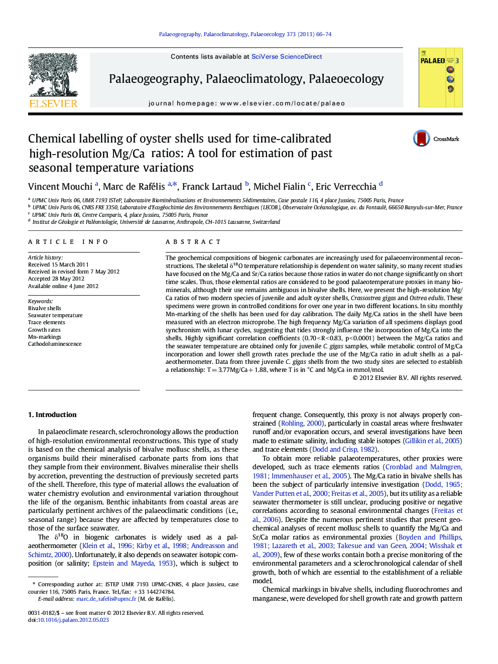 Chemical labelling of oyster shells used for time-calibrated high-resolution Mg/Ca ratios: A tool for estimation of past seasonal temperature variations