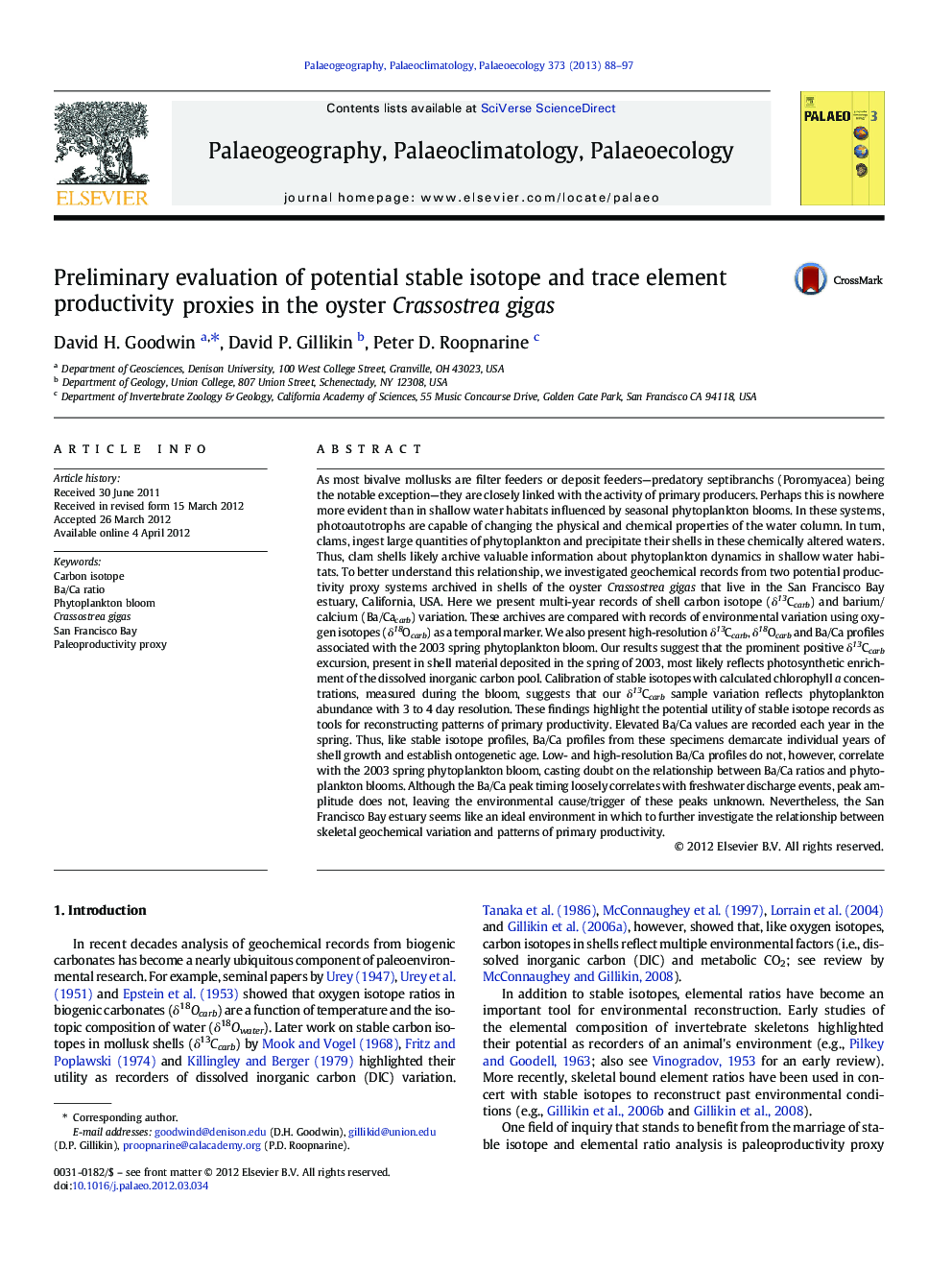 Preliminary evaluation of potential stable isotope and trace element productivity proxies in the oyster Crassostrea gigas