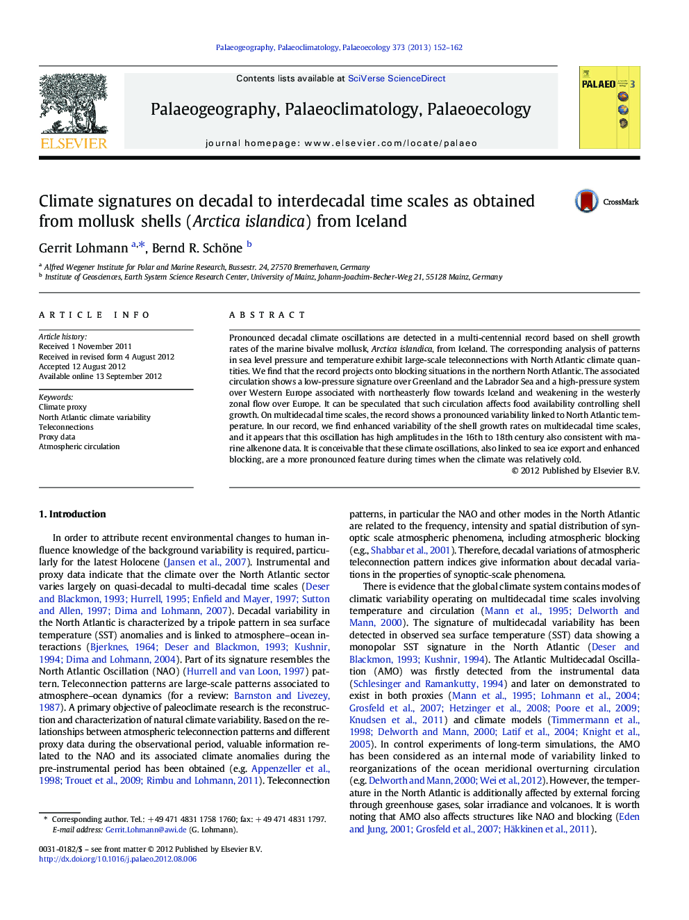 Climate signatures on decadal to interdecadal time scales as obtained from mollusk shells (Arctica islandica) from Iceland