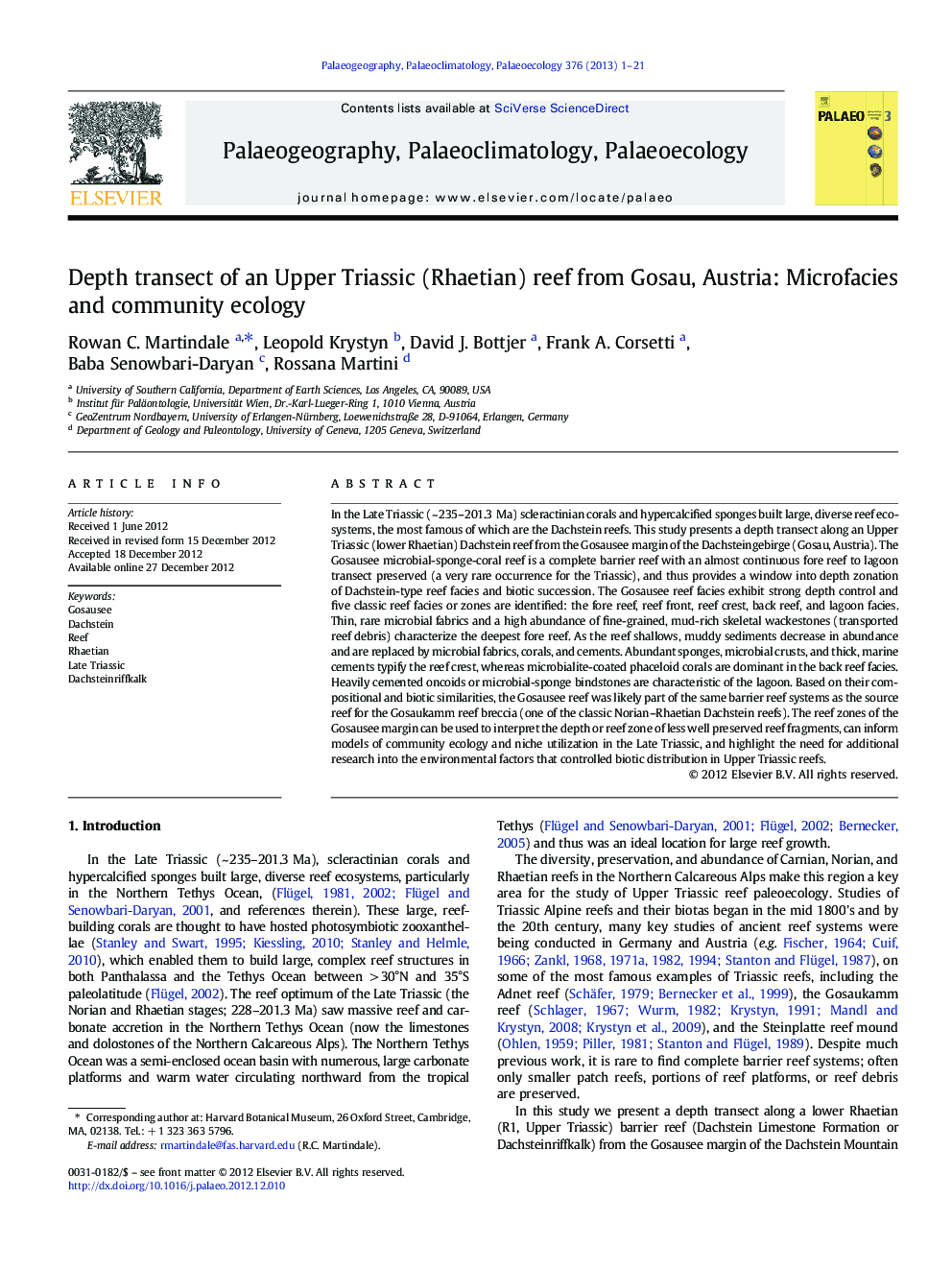 Depth transect of an Upper Triassic (Rhaetian) reef from Gosau, Austria: Microfacies and community ecology