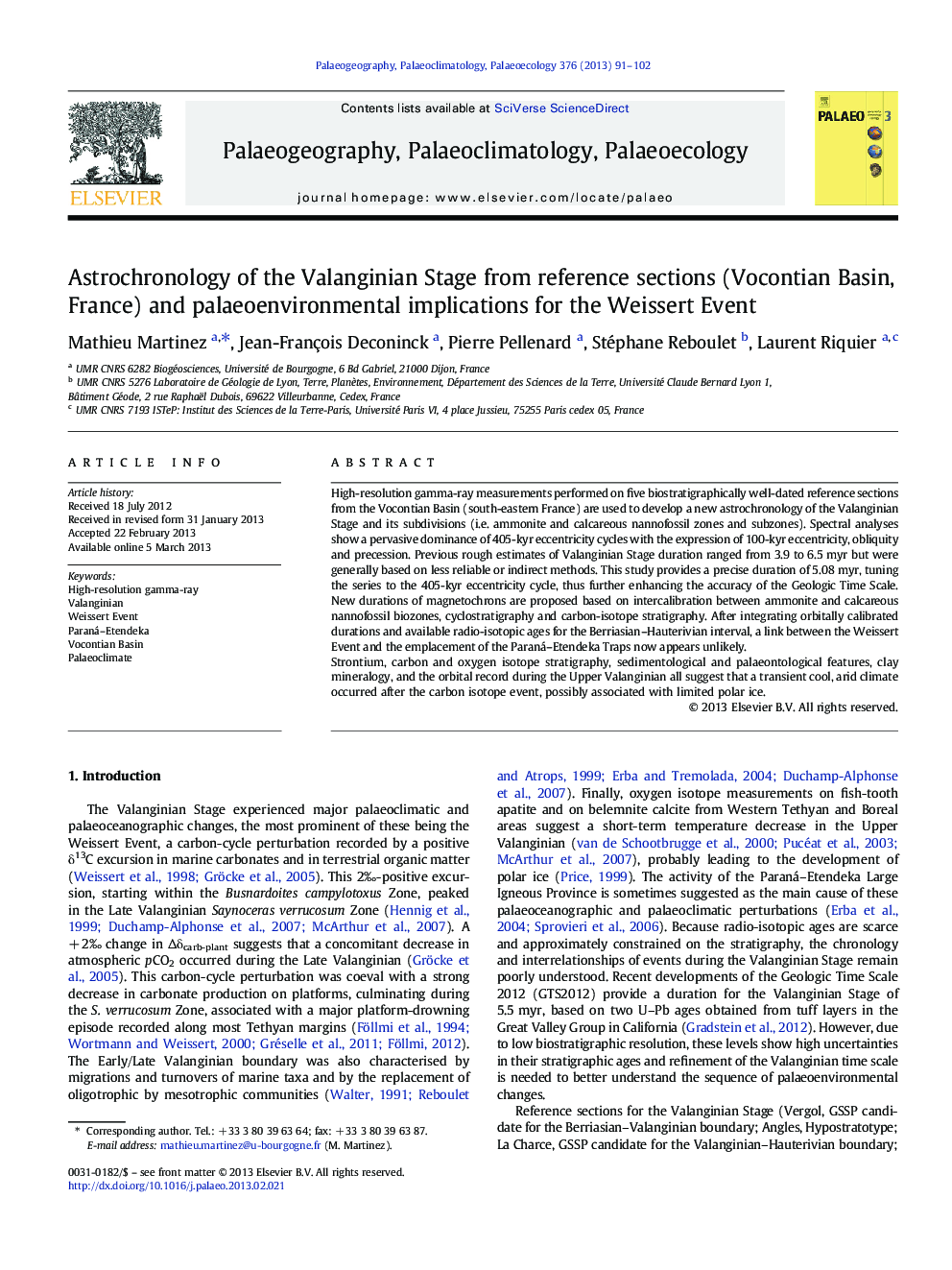 Astrochronology of the Valanginian Stage from reference sections (Vocontian Basin, France) and palaeoenvironmental implications for the Weissert Event