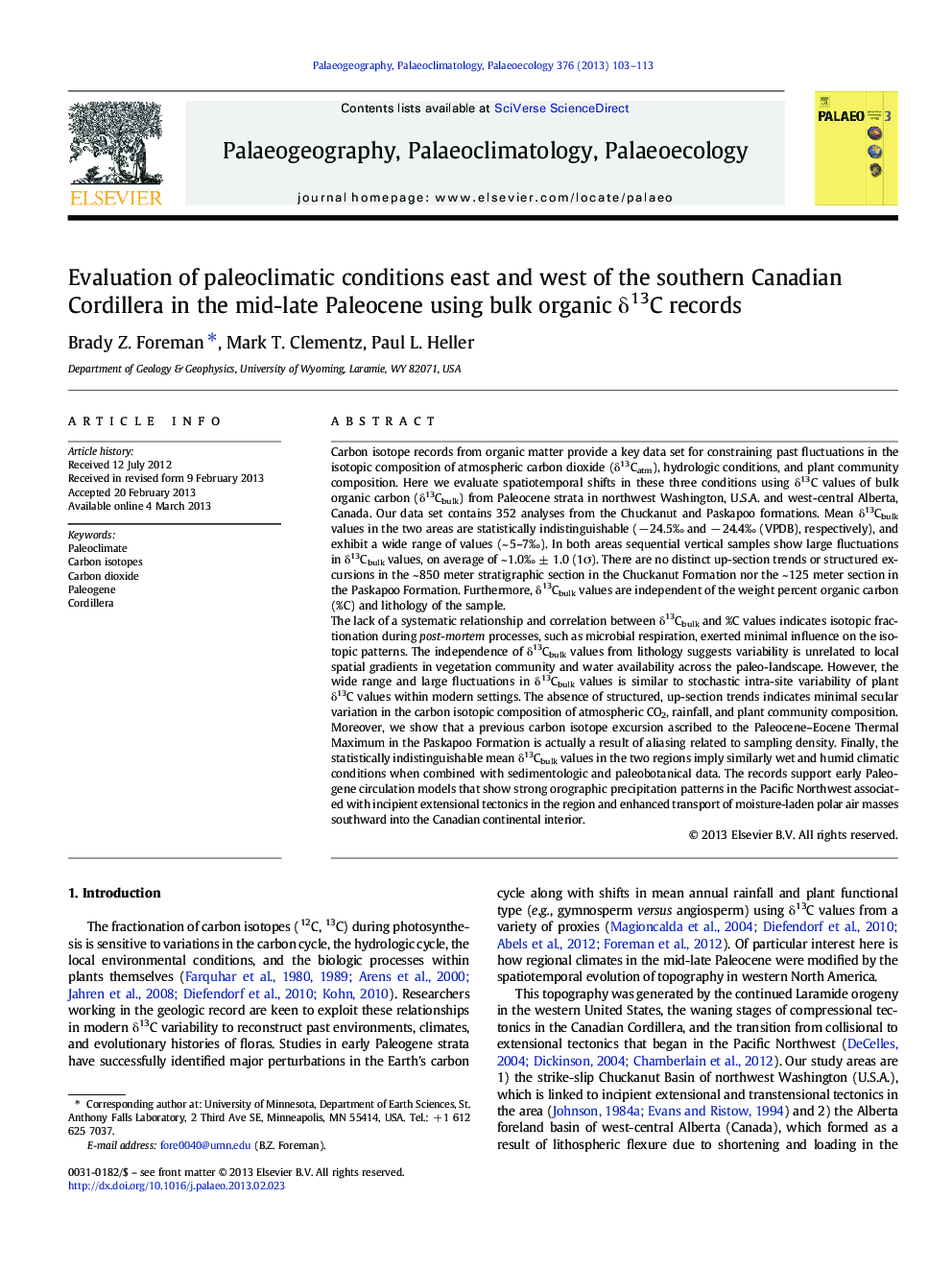 Evaluation of paleoclimatic conditions east and west of the southern Canadian Cordillera in the mid-late Paleocene using bulk organic δ13C records