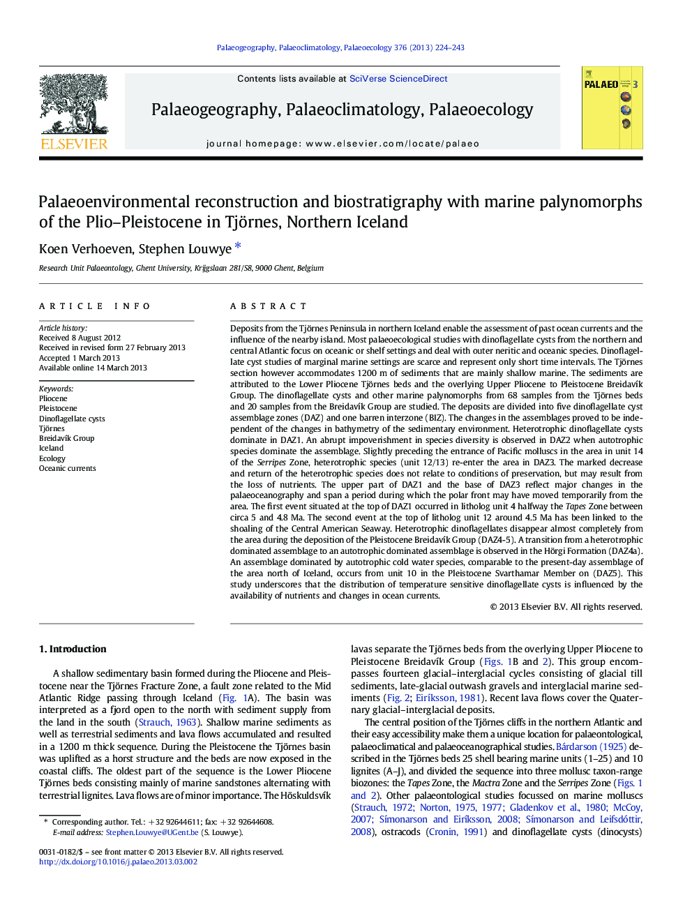 Palaeoenvironmental reconstruction and biostratigraphy with marine palynomorphs of the Plio–Pleistocene in Tjörnes, Northern Iceland