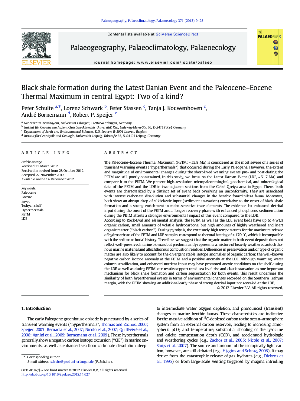 Black shale formation during the Latest Danian Event and the Paleocene–Eocene Thermal Maximum in central Egypt: Two of a kind?