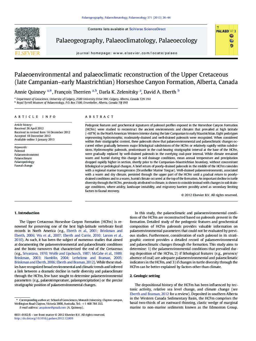 Palaeoenvironmental and palaeoclimatic reconstruction of the Upper Cretaceous (late Campanian–early Maastrichtian) Horseshoe Canyon Formation, Alberta, Canada