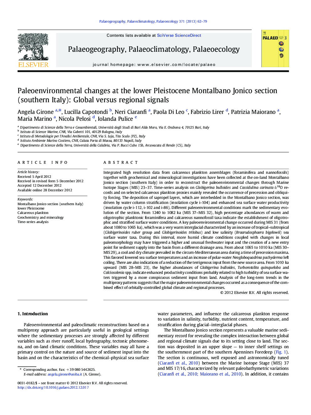 Paleoenvironmental changes at the lower Pleistocene Montalbano Jonico section (southern Italy): Global versus regional signals