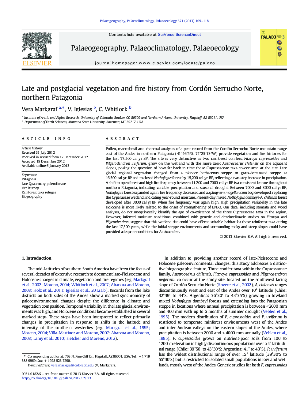 Late and postglacial vegetation and fire history from Cordón Serrucho Norte, northern Patagonia