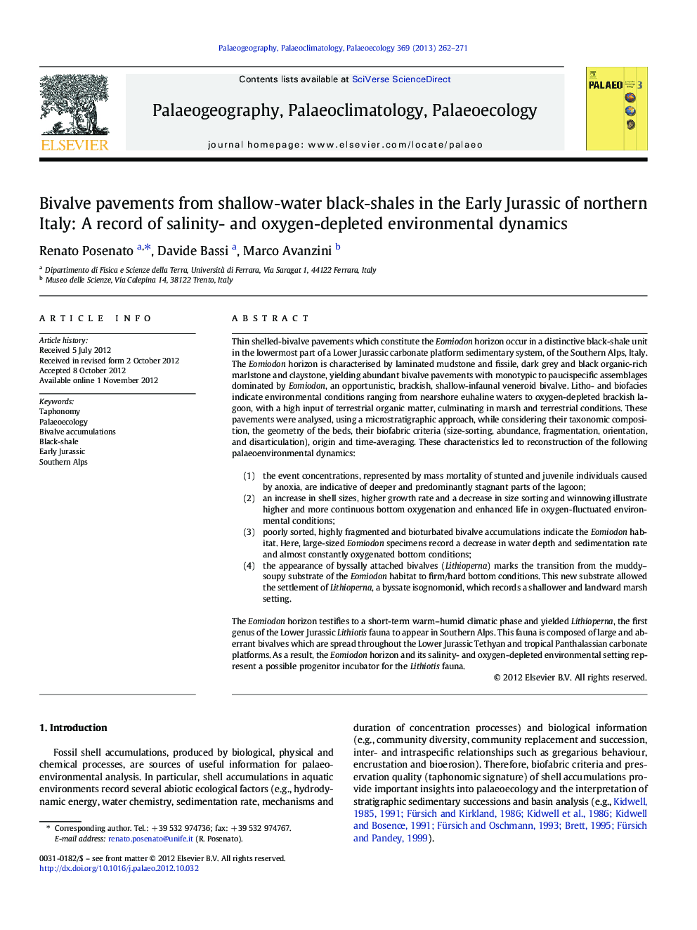 Bivalve pavements from shallow-water black-shales in the Early Jurassic of northern Italy: A record of salinity- and oxygen-depleted environmental dynamics