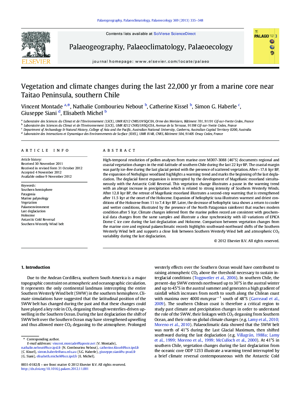 Vegetation and climate changes during the last 22,000 yr from a marine core near Taitao Peninsula, southern Chile