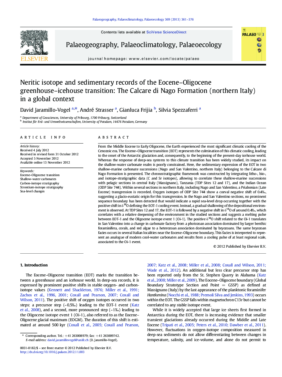 Neritic isotope and sedimentary records of the Eocene–Oligocene greenhouse–icehouse transition: The Calcare di Nago Formation (northern Italy) in a global context