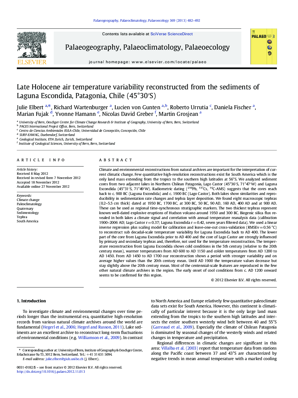 Late Holocene air temperature variability reconstructed from the sediments of Laguna Escondida, Patagonia, Chile (45°30′S)