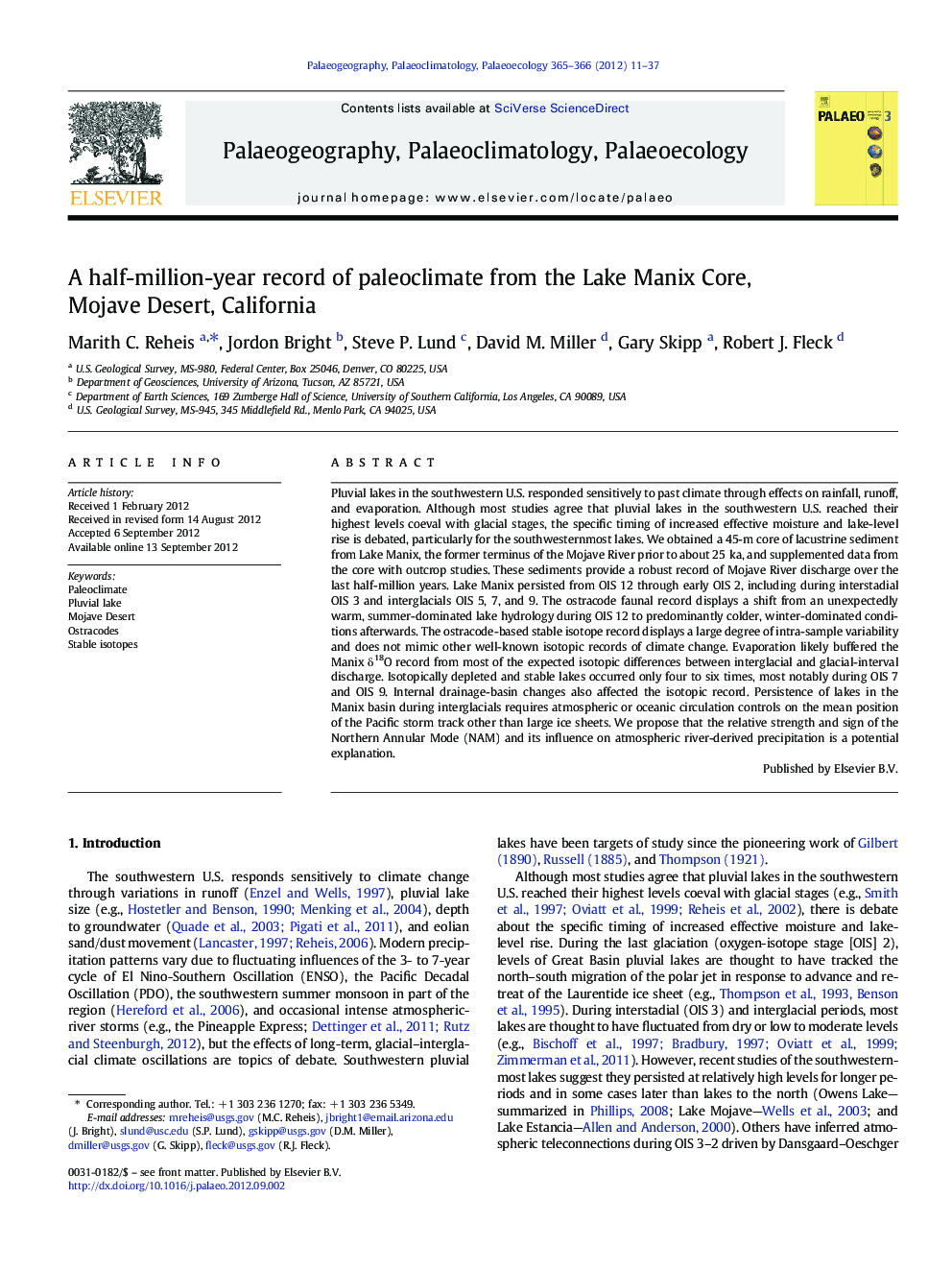 A half-million-year record of paleoclimate from the Lake Manix Core, Mojave Desert, California