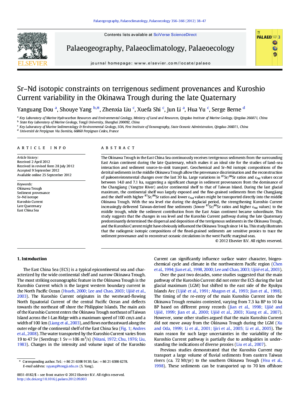 Sr–Nd isotopic constraints on terrigenous sediment provenances and Kuroshio Current variability in the Okinawa Trough during the late Quaternary