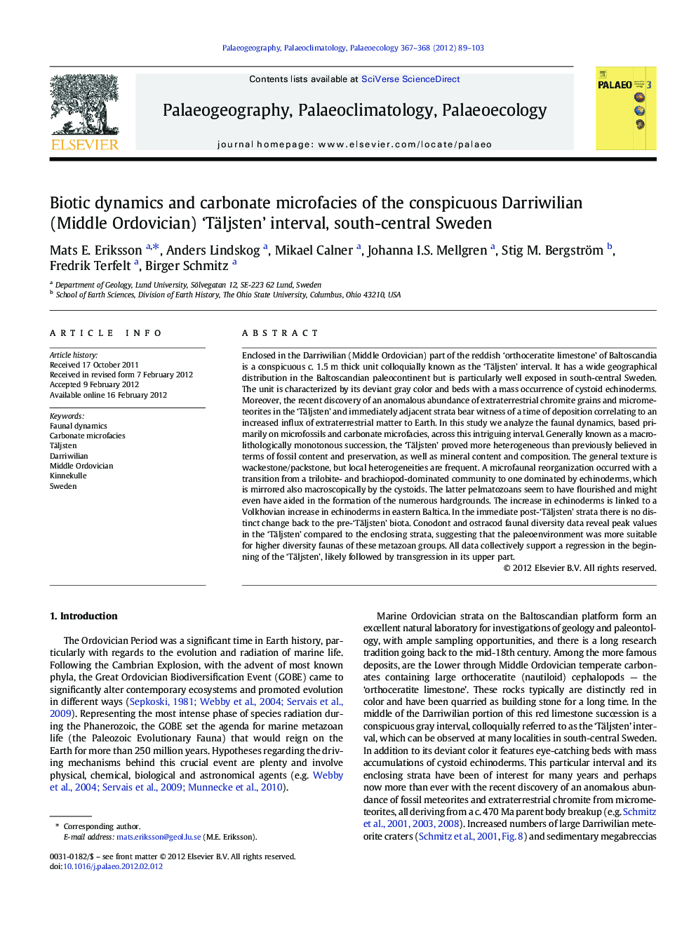 Biotic dynamics and carbonate microfacies of the conspicuous Darriwilian (Middle Ordovician) ‘Täljsten’ interval, south-central Sweden