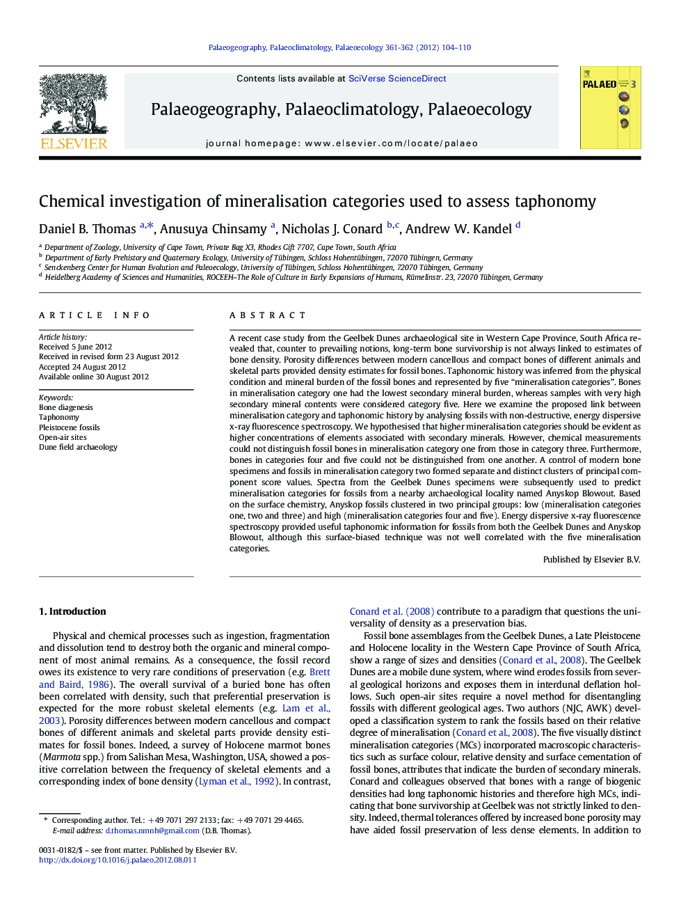 Chemical investigation of mineralisation categories used to assess taphonomy