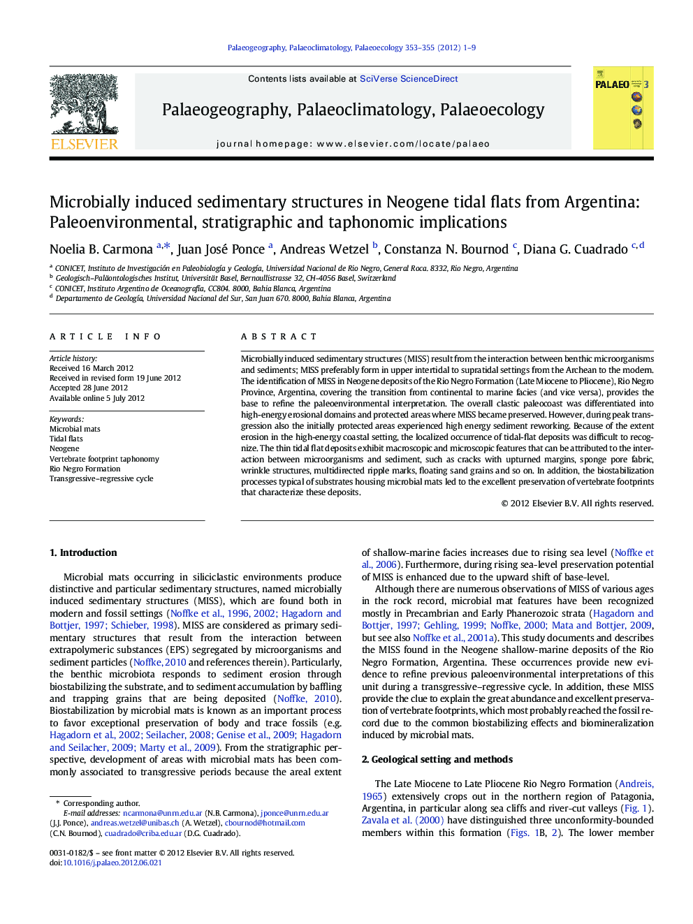 Microbially induced sedimentary structures in Neogene tidal flats from Argentina: Paleoenvironmental, stratigraphic and taphonomic implications