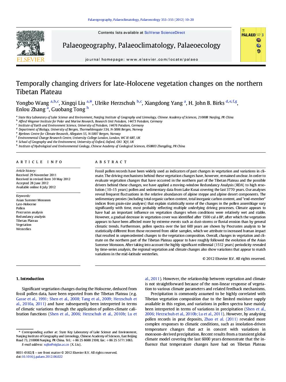 Temporally changing drivers for late-Holocene vegetation changes on the northern Tibetan Plateau