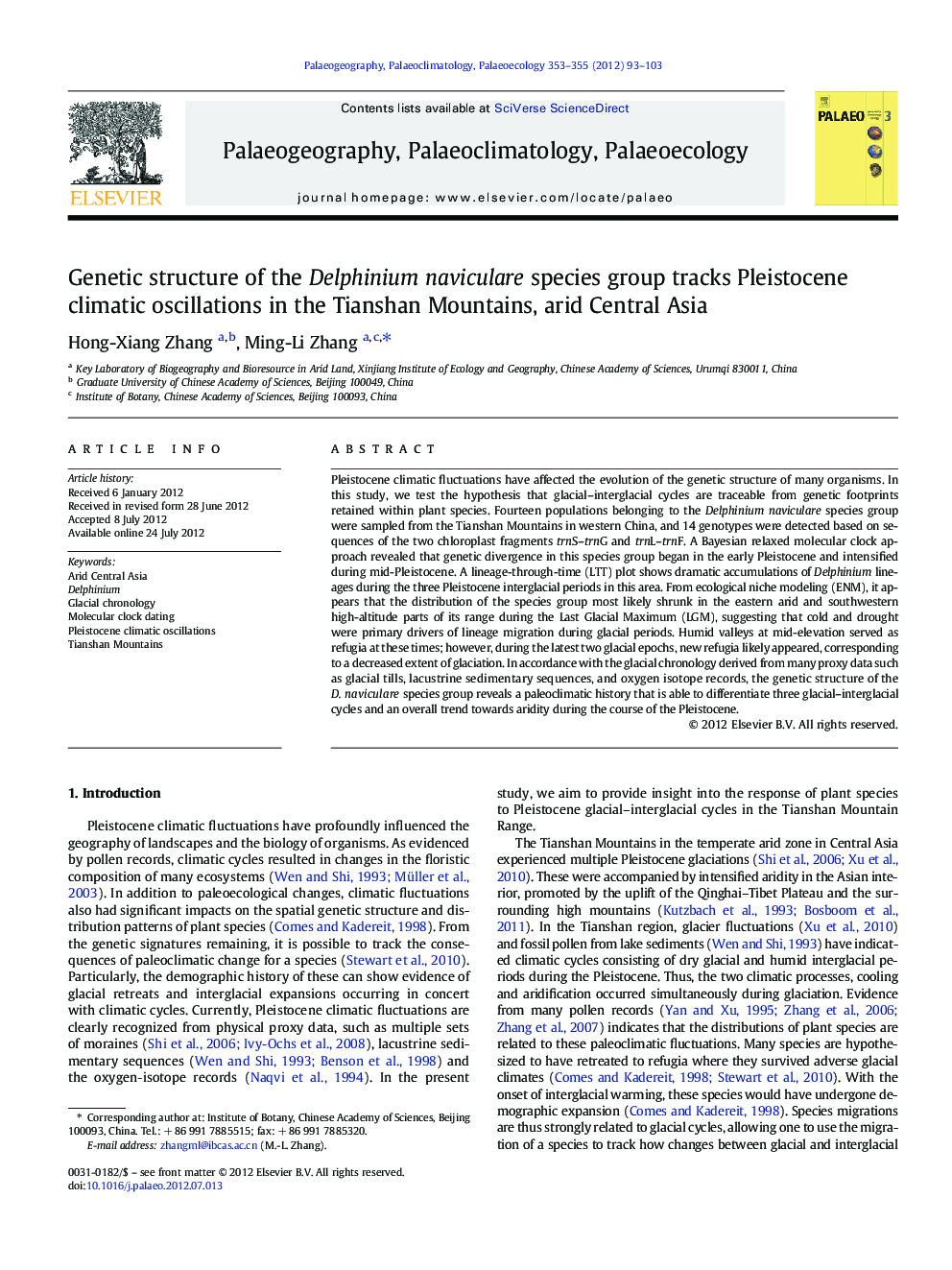 Genetic structure of the Delphinium naviculare species group tracks Pleistocene climatic oscillations in the Tianshan Mountains, arid Central Asia