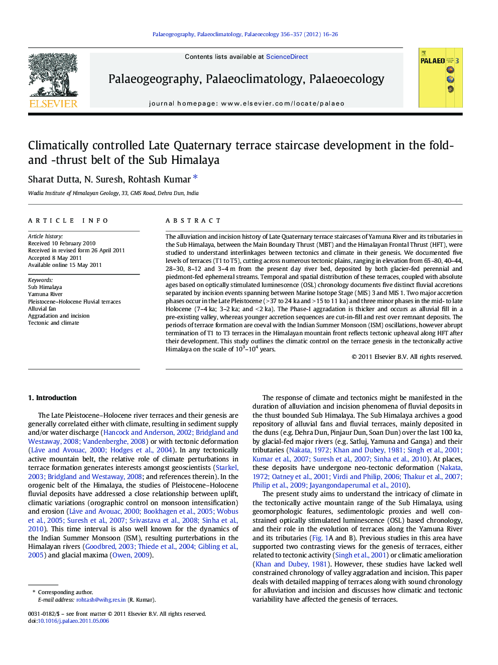 Climatically controlled Late Quaternary terrace staircase development in the fold- and -thrust belt of the Sub Himalaya