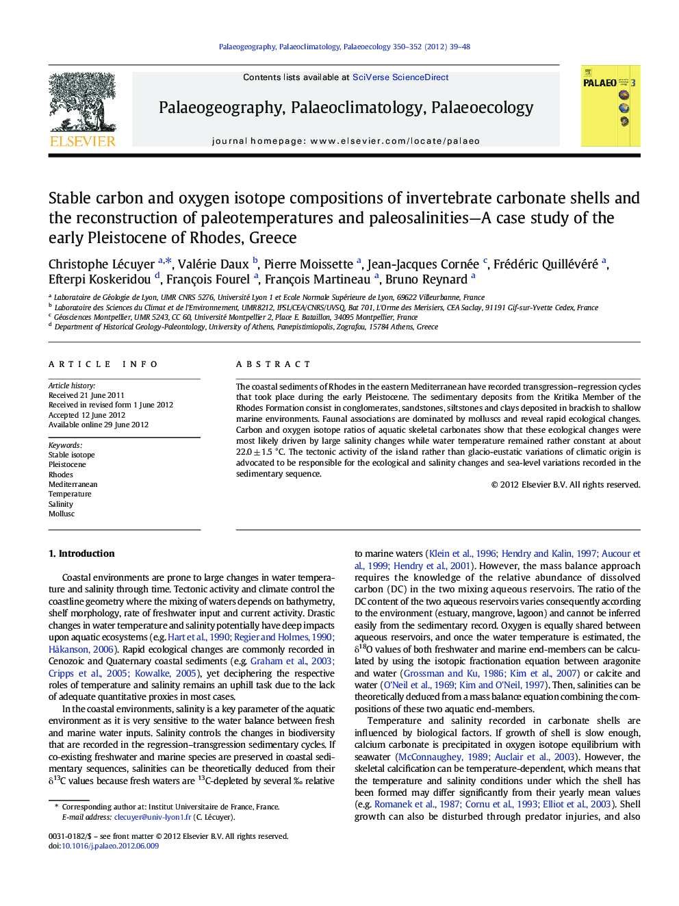 Stable carbon and oxygen isotope compositions of invertebrate carbonate shells and the reconstruction of paleotemperatures and paleosalinities—A case study of the early Pleistocene of Rhodes, Greece